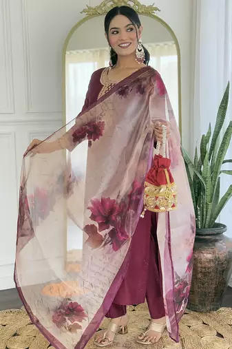 Maroon Rayon Embroidery Straight Kurta with Pant And Dupatta Set