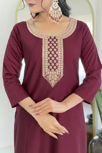 Maroon Rayon Embroidery Straight Kurta with Pant And Dupatta Set
