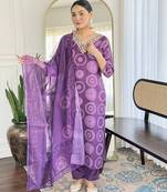 Purple Rayon Embroidery Straight Kurta with Pant And Dupatta Set
