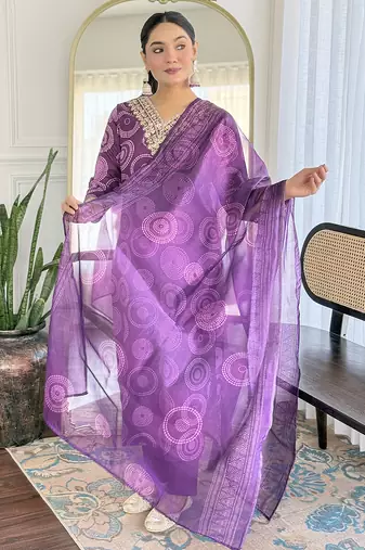 Purple Rayon Embroidery Straight Kurta with Pant And Dupatta Set