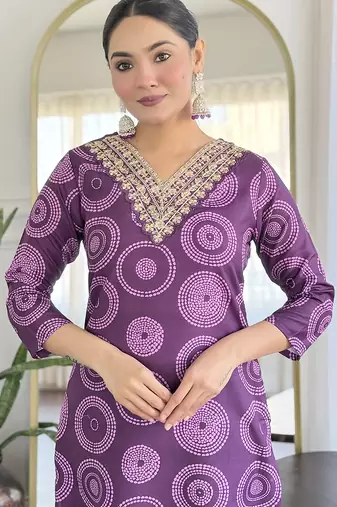 Purple Rayon Embroidery Straight Kurta with Pant And Dupatta Set