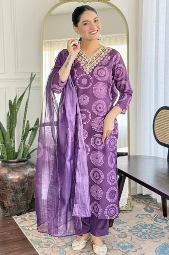 Purple Rayon Embroidery Straight Kurta with Pant And Dupatta Set