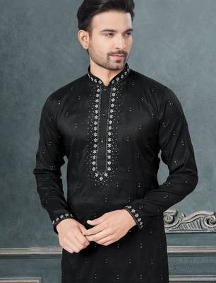Black pure silk with embroidery and sequence work kurta pyjama for mens wear 2