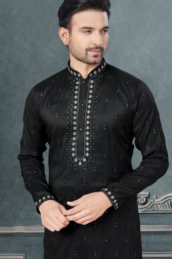 Black pure silk with embroidery and sequence work kurta pyjama for mens wear