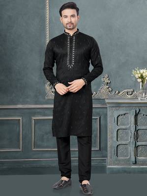 Black pure silk with embroidery and sequence work kurta pyjama for mens wear 3