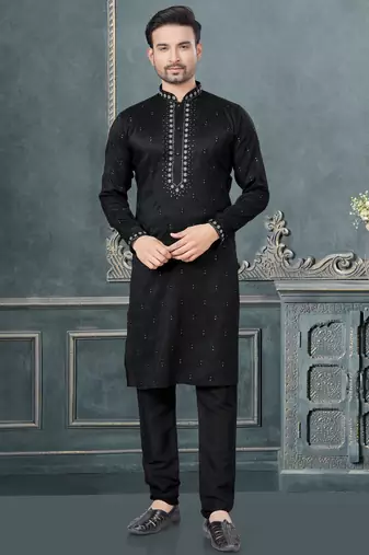 Black pure silk with embroidery and sequence work kurta pyjama for mens wear