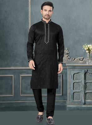 Black pure silk with embroidery and sequence work kurta pyjama for mens wear 1