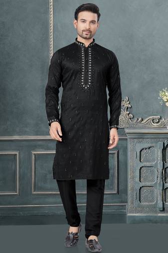 Black pure silk with embroidery and sequence work kurta pyjama for mens wear
