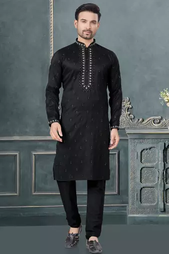Black pure silk with embroidery and sequence work kurta pyjama for mens wear