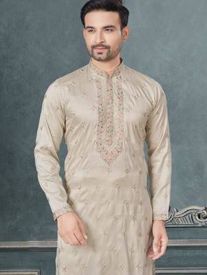 Off white pure silk with embroidery and sequence work kurta pyjama for mens wear 1