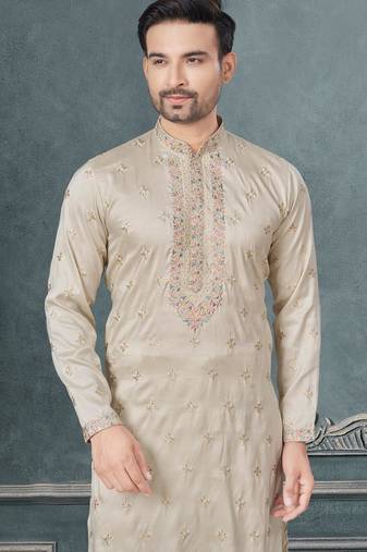 Off white pure silk with embroidery and sequence work kurta pyjama for mens wear