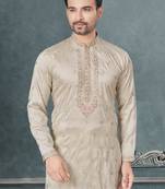 Off white pure silk with embroidery and sequence work kurta pyjama for mens wear