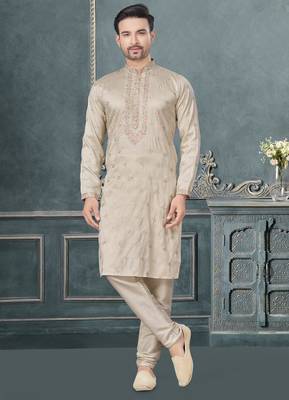 Off white pure silk with embroidery and sequence work kurta pyjama for mens wear 2