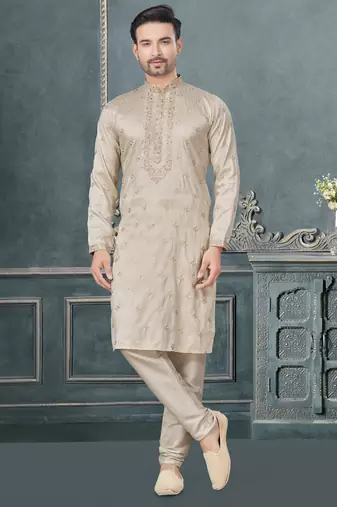 Off white pure silk with embroidery and sequence work kurta pyjama for mens wear