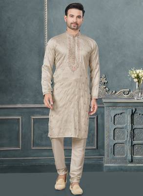 Off white pure silk with embroidery and sequence work kurta pyjama for mens wear 3