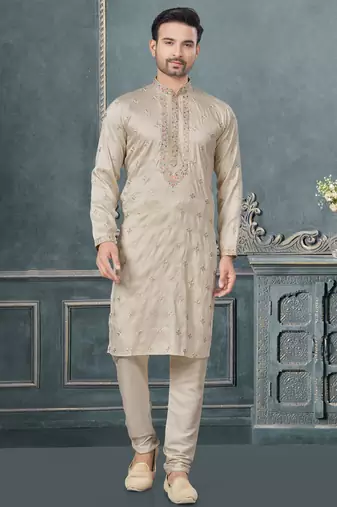 Off white pure silk with embroidery and sequence work kurta pyjama for mens wear