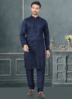 Navy pure silk with embroidery and sequence work kurta pyjama for mens wear 1