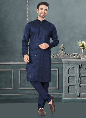 Navy pure silk with embroidery and sequence work kurta pyjama for mens wear 2