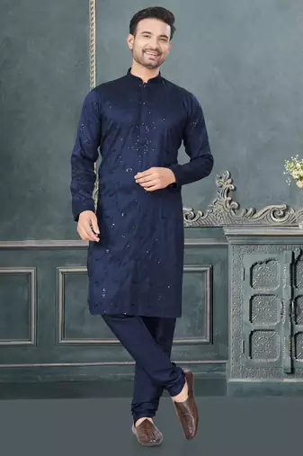 Navy pure silk with embroidery and sequence work kurta pyjama for mens wear