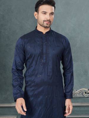 Navy pure silk with embroidery and sequence work kurta pyjama for mens wear 3