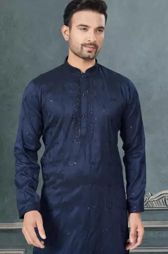 Navy pure silk with embroidery and sequence work kurta pyjama for mens wear