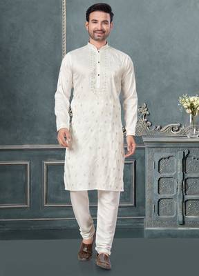 White pure silk with embroidery and sequence work kurta pyjama for mens wear 1