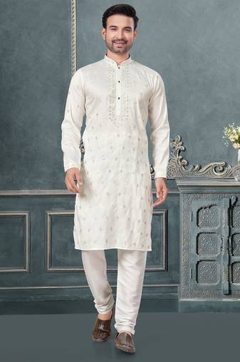 White pure silk with embroidery and sequence work kurta pyjama for mens wear