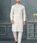 White pure silk with embroidery and sequence work kurta pyjama for mens wear