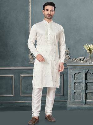 White pure silk with embroidery and sequence work kurta pyjama for mens wear 2