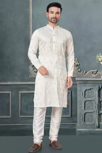 White pure silk with embroidery and sequence work kurta pyjama for mens wear
