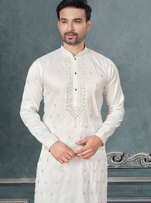 White pure silk with embroidery and sequence work kurta pyjama for mens wear 3