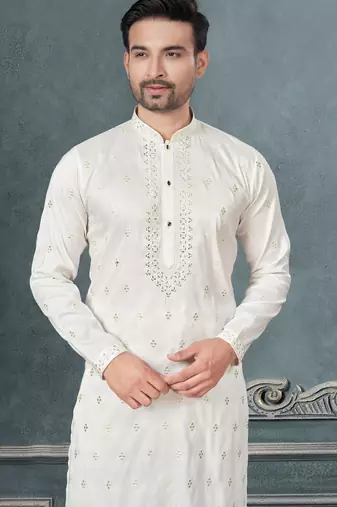 White pure silk with embroidery and sequence work kurta pyjama for mens wear
