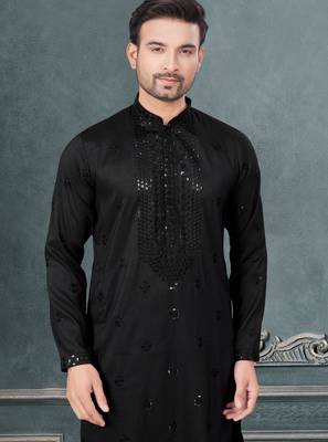 Black pure silk with embroidery and sequence work kurta pyjama for mens wear 2