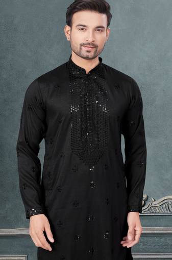 Black pure silk with embroidery and sequence work kurta pyjama for mens wear