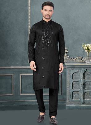 Black pure silk with embroidery and sequence work kurta pyjama for mens wear 1