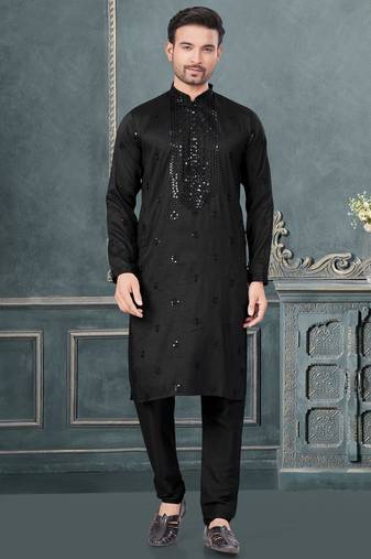 Black pure silk with embroidery and sequence work kurta pyjama for mens wear