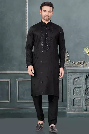 Black pure silk with embroidery and sequence work kurta pyjama for mens wear