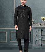 Black pure silk with embroidery and sequence work kurta pyjama for mens wear