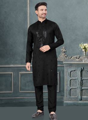 Black pure silk with embroidery and sequence work kurta pyjama for mens wear 3