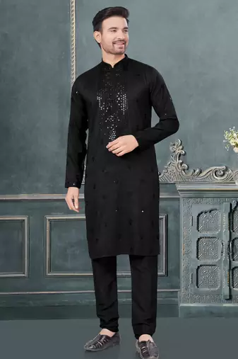 Black pure silk with embroidery and sequence work kurta pyjama for mens wear
