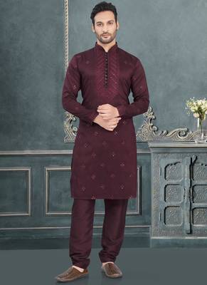 Maroon pure silk with embroidery and sequence work kurta pyjama for mens wear 1