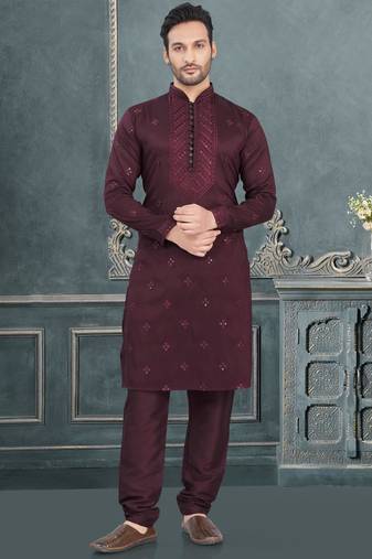 Maroon pure silk with embroidery and sequence work kurta pyjama for mens wear