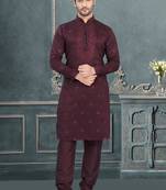 Maroon pure silk with embroidery and sequence work kurta pyjama for mens wear