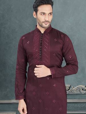 Maroon pure silk with embroidery and sequence work kurta pyjama for mens wear 2