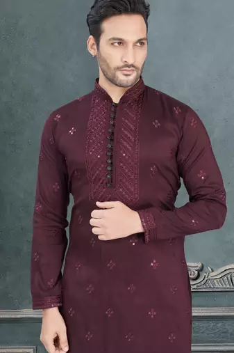 Maroon pure silk with embroidery and sequence work kurta pyjama for mens wear