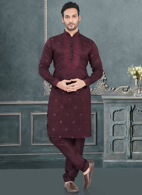 Maroon pure silk with embroidery and sequence work kurta pyjama for mens wear 3