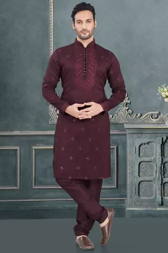 Maroon pure silk with embroidery and sequence work kurta pyjama for mens wear