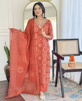 Orange Rayon Embroidery Straight Kurta with Pant And Dupatta Set 1