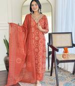 Orange Rayon Embroidery Straight Kurta with Pant And Dupatta Set