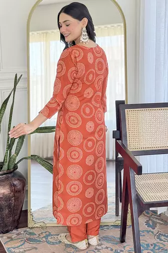 Orange Rayon Embroidery Straight Kurta with Pant And Dupatta Set